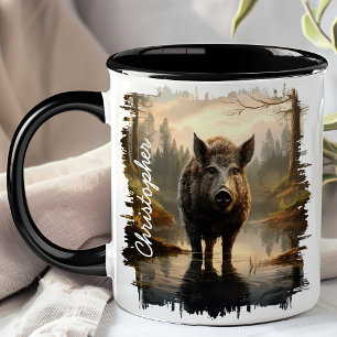 Mug Sanglier dans le lac de la forêt brumeuse