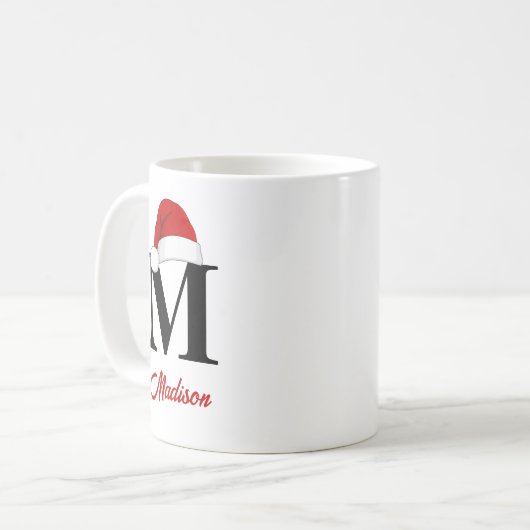 Mug Santa Hat Custom Monogramme Rouge Script Noël (Devant gauche)