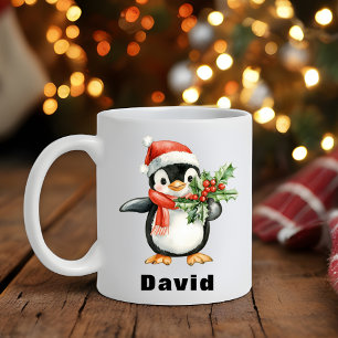 Mug Santa Hat Penguin tenant Noël Holly