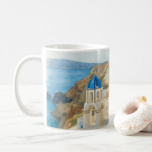 Mug Santorin Grèce Aquarelle Église à Dôme Bleu Art