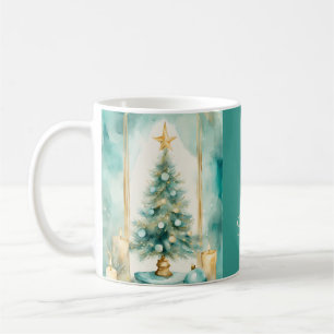 Mug Sapin de Noël élégant sarcelle et or avec bougies