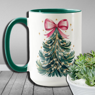 Mug Sapin de Noël Pailleté Ruban Coquette Aquarelle