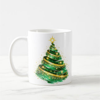 Mug Sapin de Noël Vert Émeraude et Or en Tourbillon