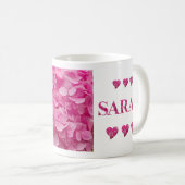 Mug "Sarah" Hydrangea rose Lettres florales, Coeurs mi (Devant droit)