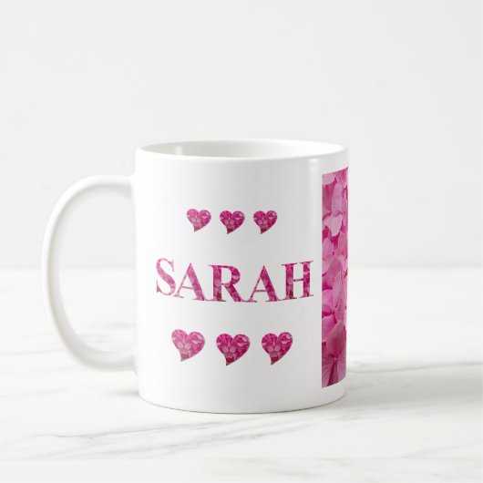 Mug "Sarah" Hydrangea rose Lettres florales, Coeurs mi (Gauche)