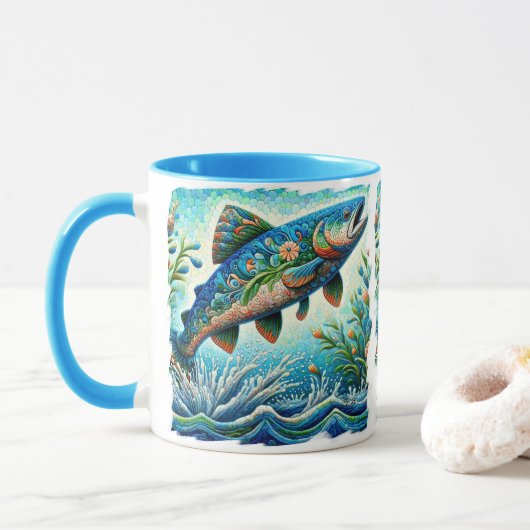 Mug Saumon Saut Mosaïque Floral Blue Green Peach (Avec donut)