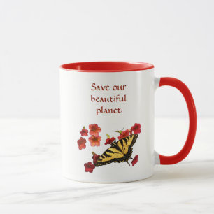 Mug Sauvez Notre Planète Papillon jaune Fleurs rouges 