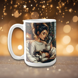 Mug Scène cosy | Femme qui boit du cacao avec chat