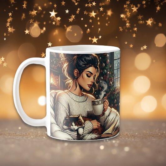 Mug Scène cosy | Femme qui boit du cacao avec chat