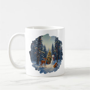 Mug Scène d'arbre de Noël Cerf Faon Bonhomme de neige