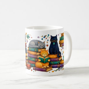 Mug Scène de bibliothèque cosy avec des chats lisant d
