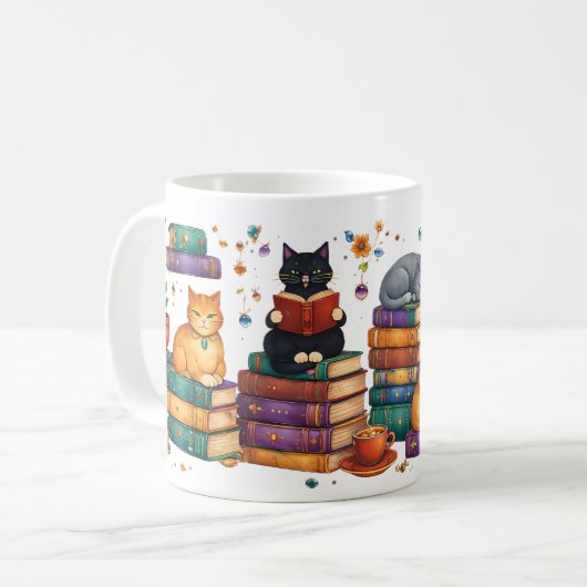Mug Scène de bibliothèque cosy avec des chats lisant d (Devant gauche)