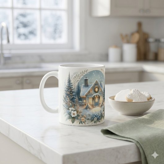 Mug Scène de cabane enneigée lumineuse
