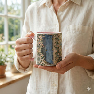 Mug Scène de chemin fleuri à la porte bleue du jardin
