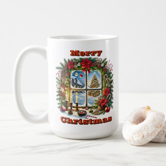 Mug Scène envoûtante de la fenêtre de Noël (Avec donut)
