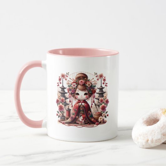 Mug Scène japonaise de Geisha mignonne (Avec donut)
