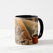 Mug Scène vinyle de chat confortable et de café, Tabby (Devant droit)