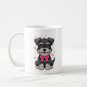 Mug Schnauzer mignon avec ruban rose entouré de coeurs