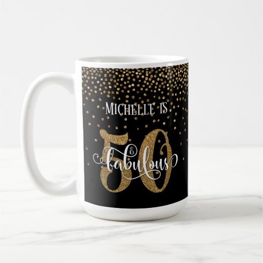 Mug Script Confettis Dorés 50 & Fabuleux sur Fond Noir (Gauche)
