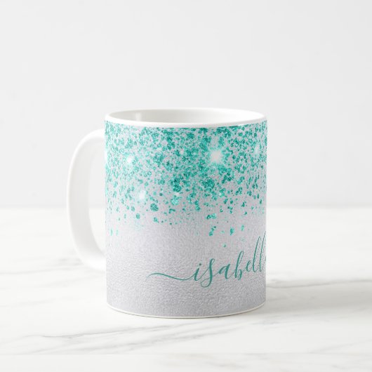 Mug Script de nom de la parties scintillant turquoise  (Devant gauche)