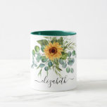 Mug Script de nom de la végétation de tournesol eucaly<br><div class="desc">Décoré d'un tournesol aquarellé et d'une végétation d'eucalyptus. Un arrière - plan transparent. Personnalisez et ajoutez un nom. Le nom est écrit avec un script de style moderne écrit à la main avec des swashes. Pour que les swashes ne suppriment que le nom de l'échantillon, laissez les espaces ou émoticônes...</div>