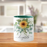 Mug Script de nom de la végétation de tournesol eucaly<br><div class="desc">Décoré d'un tournesol aquarellé et d'une végétation d'eucalyptus. Un arrière - plan transparent. Personnalisez et ajoutez un nom. Le nom est écrit avec un script de style moderne écrit à la main avec des swashes. Pour que les swashes ne suppriment que le nom de l'échantillon, laissez les espaces ou émoticônes...</div>
