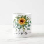 Mug Script de nom de la végétation de tournesol eucaly<br><div class="desc">Décoré d'un tournesol aquarellé et d'une végétation d'eucalyptus. Un arrière - plan transparent. Personnalisez et ajoutez un nom. Le nom est écrit avec un script de style moderne écrit à la main avec des swashes. Pour que les swashes ne suppriment que le nom de l'échantillon, laissez les espaces ou émoticônes...</div>