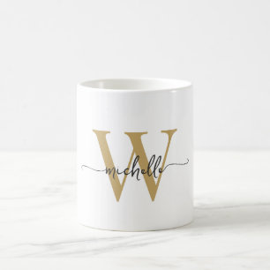 Mug Script de nom de monogramme blanc et or élégant