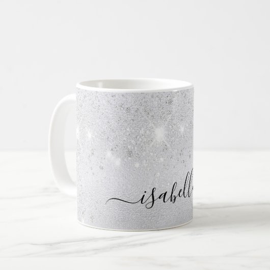 Mug Script de nom de parties scintillant argent glamou (Devant gauche)
