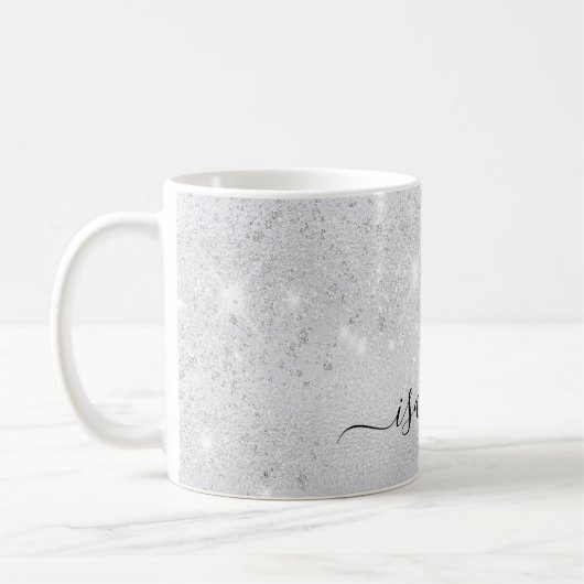 Mug Script de nom de parties scintillant argent glamou (Gauche)