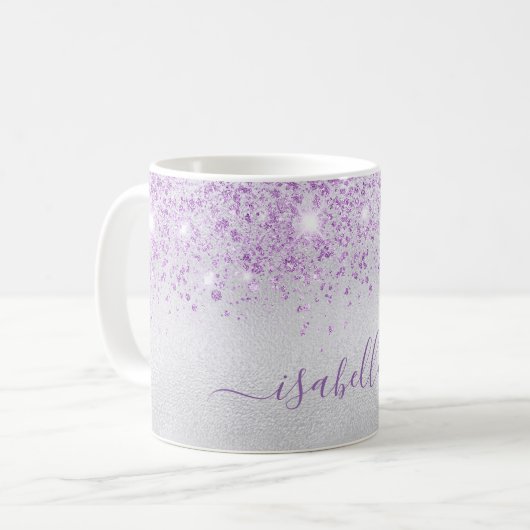 Mug Script de nom de parties scintillant violet argent (Devant gauche)