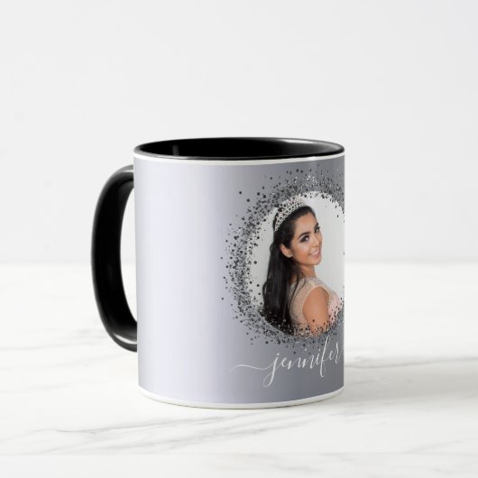 Mug Script de nom photo argent glamour (Devant gauche)