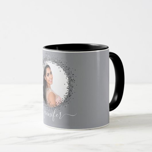 Mug Script de nom photo argent glamour (Devant droit)