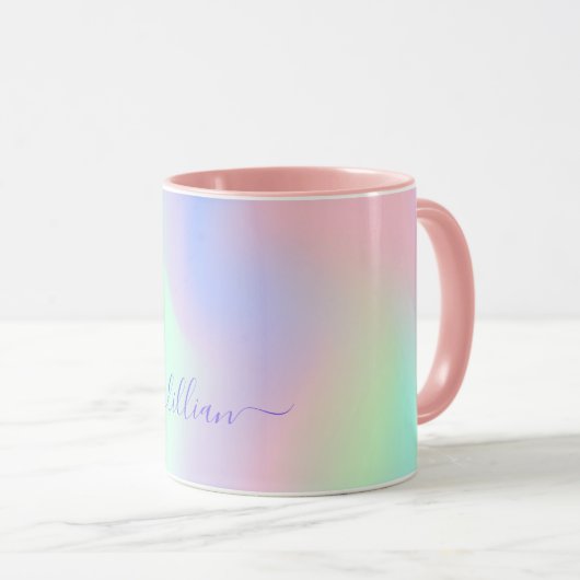 Mug Script de nom vert rose holographique (Devant droit)