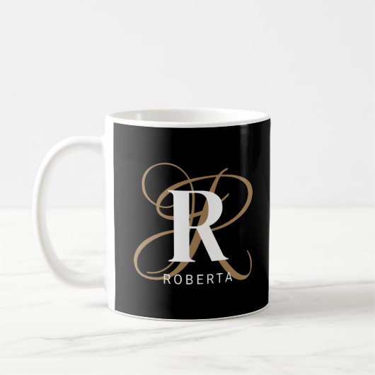 Mug Script moderne Monogramme Nom Black Gold (Gauche)
