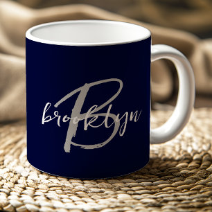 Mug Script tendance Monogramme Marine bleu gris blanc
