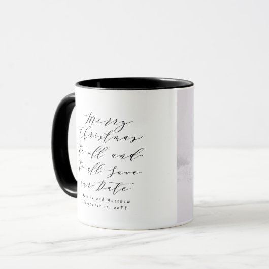 Mug Script texte photo Noël enregistrer la date (Devant gauche)