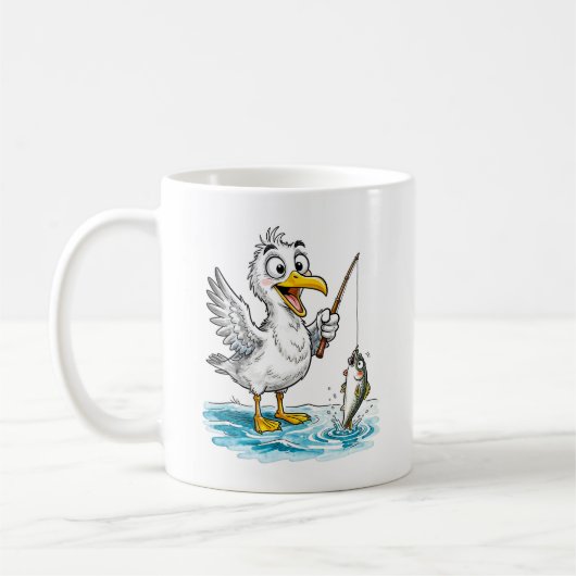 Mug Seagull Fishing with Rod in Shallow Water (Gauche)