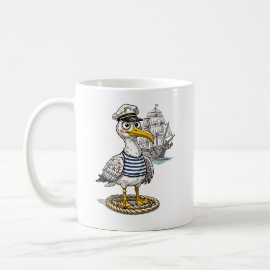 Mug Seagull Sailor with Rope and Ship Background (Gauche)