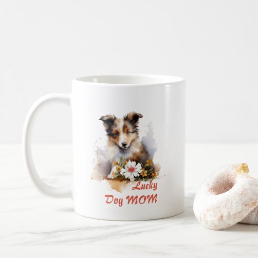 Mug Shetland Sheepdog Chiot Pet Aquarelle (Avec donut)