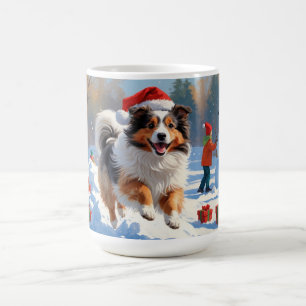 Mug Shetland Sheepdog courant dans la neige avec un ch