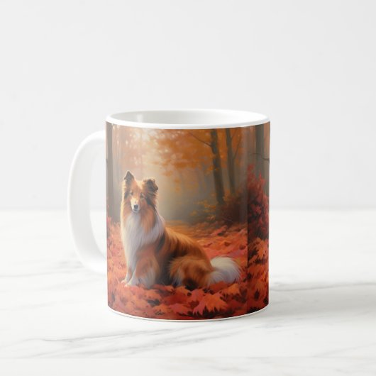 Mug Shetland Sheepdog en automne Feuilles automne Insp (Devant gauche)