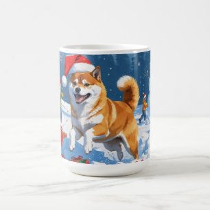 Mug Shiba Inu courant dans la neige avec un chapeau de
