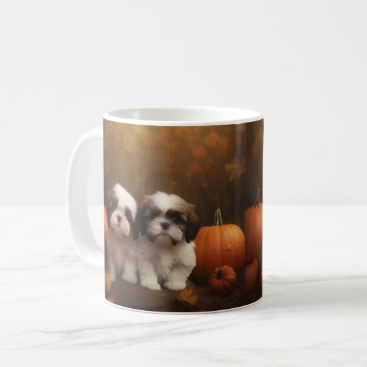 Mug Shih Tzu Puppy Automne Citrouille de plaisir (Devant gauche)