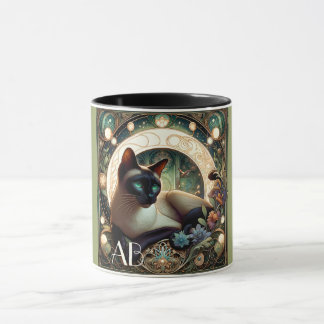 Mug Siamese Chat Floral Vert Art Nouveau