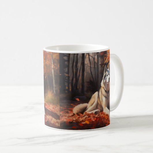 Mug Sibérie Husky en automne Feuilles automne Inspire (Devant droit)