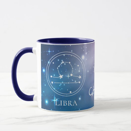 Mug Signe du zodiaque BALANCE Monogramme de nom bleu v (Gauche)