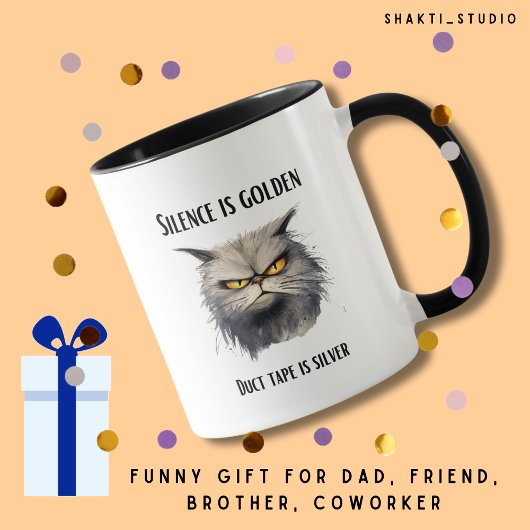 Mug Silence est ruban d'or est argent fâché chat