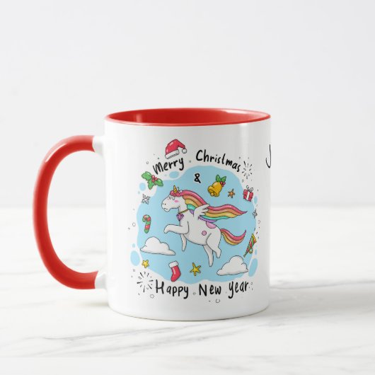 Mug Silencieuse licorne de Noël avec nom ami cadeau (Gauche)