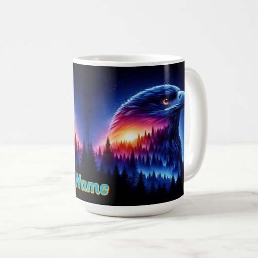 Mug Silhouette d'aigle avec coucher de soleil de forêt (Devant droit)
